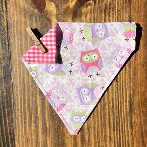 Handmade - Reversible Pet Bandana - Slips Over Collar - Medium - Owls/Gingham